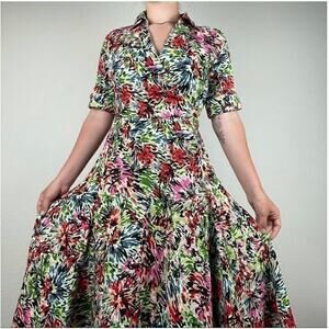 Vintage JG Hook Linen Multicolored tropical short sleeve Floral Wrap Midi Dress 